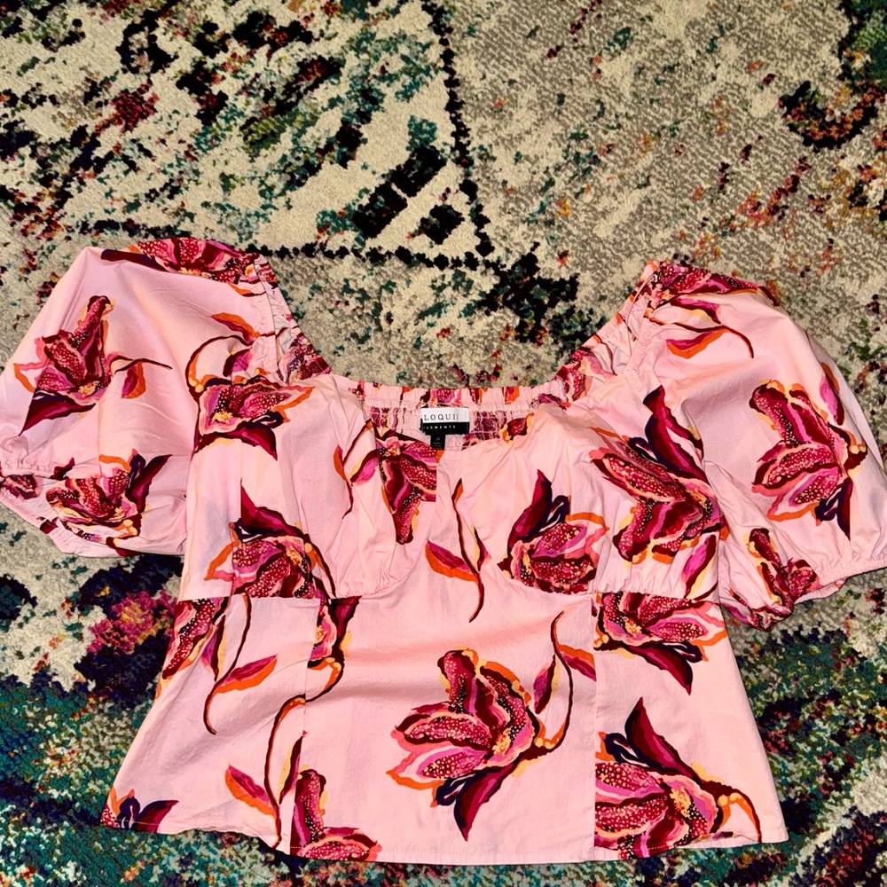 Eloquii Pink Floral Puff Sleeve Blouse